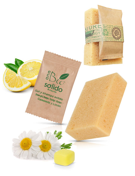 Kamille-Zitronen-Gel &amp; festes Shampoo im Bio Sachet + Bio Natur Schwamm | 200 St&uuml;ck