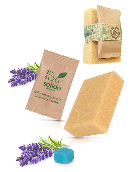 Lavendel-Rosmarin-Gel &amp; festes Shampoo im Bio Sachet + Bio Natur Schwamm | 200 St&uuml;ck